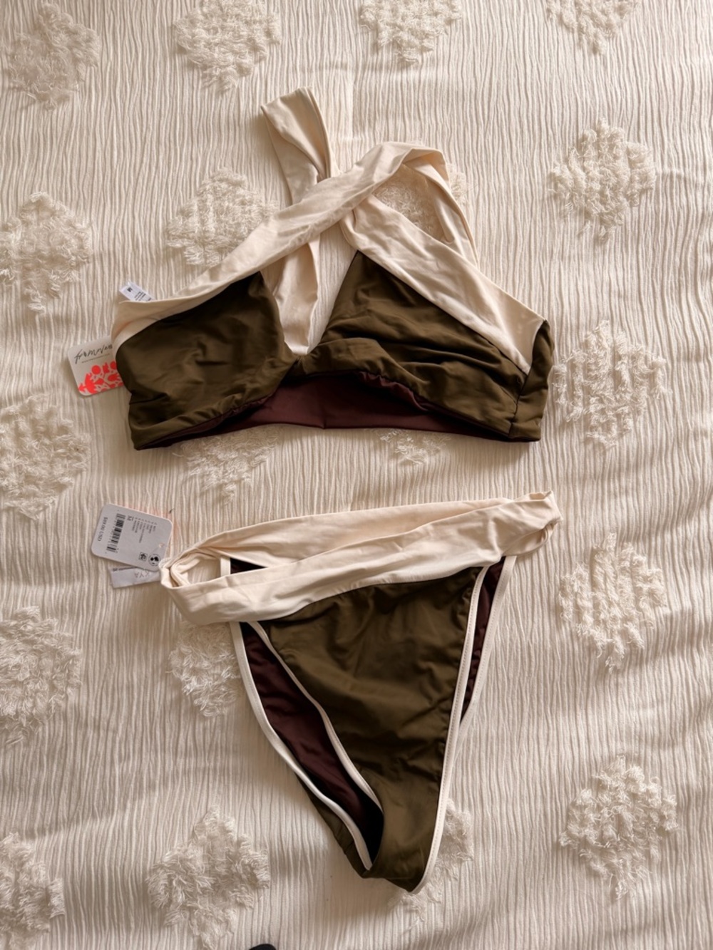 Free People Olive Green & Cream Twist Bikini Set